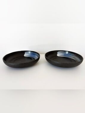 Modern Black Stoneware Shallow Bowls / Pasta & Salad Bowls - Set of 2
